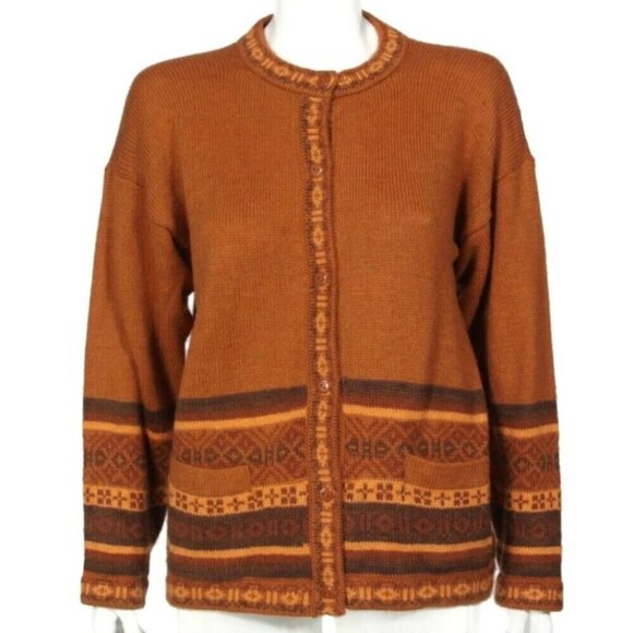 Arte Inka-Berfass Sweaters - Vintage Arte Inka-Berfass 100% Alpaca Brown Yellow Aztec Geo Cardigan Sweater L